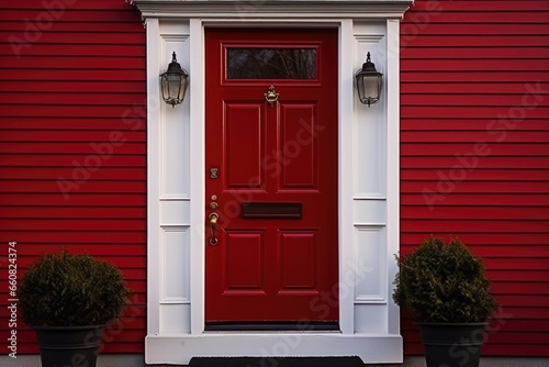 red door featuring a wirelessly connected doorbell
