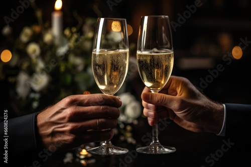 People clinking glasses of champagne against blurred background.