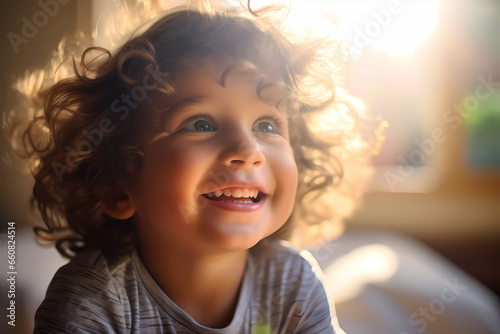 Portrait of a smiling and cheerful cute little boy with brown hair, a close up head shot photo image with sun lighting on his hair. 