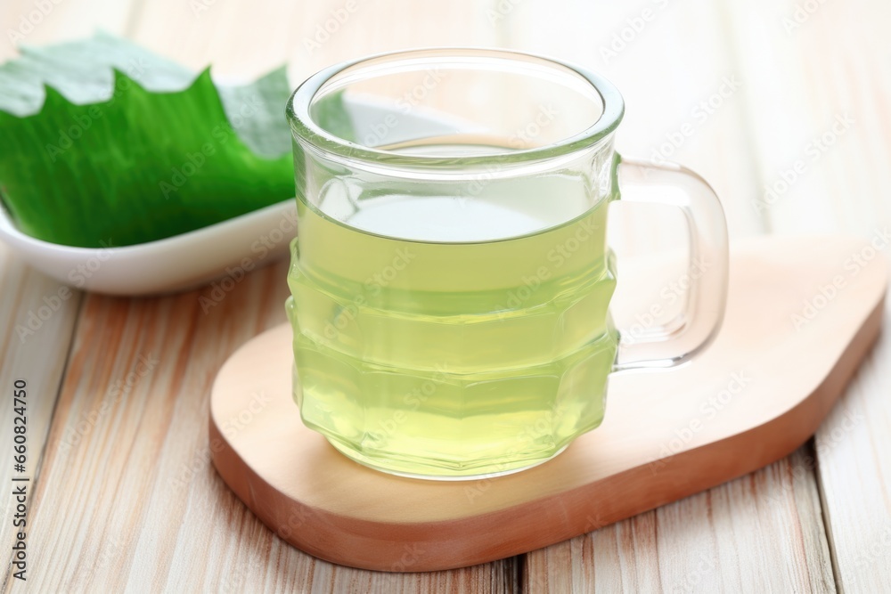 aloe vera juice in glass mug on a light wooden table with foliage aloe vera juice in glass mug on a light wooden table with foliage