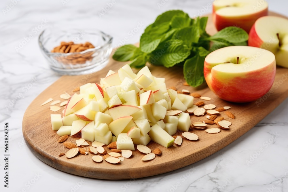 freshly made apple and almond salad placed on a marble countertop freshly made apple and almond salad placed on a marble countertop