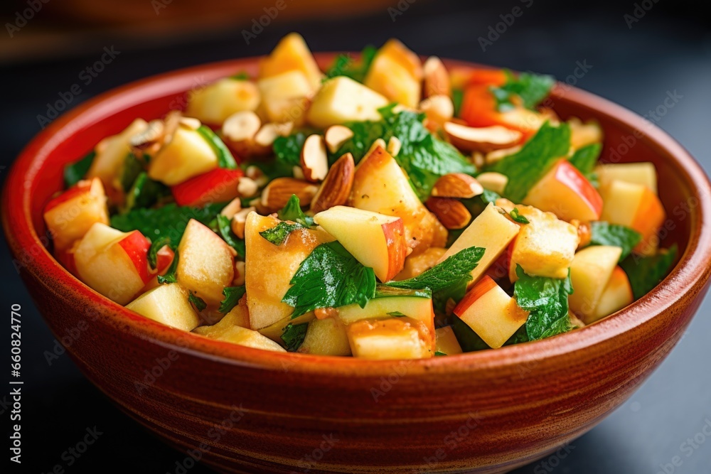 a detail shot of spicy apple and almond salad in a ceramic bowl