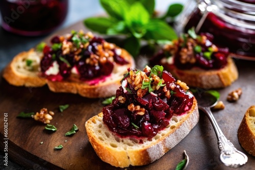high angle shot of beetroot bruschetta with a shiny metal fork