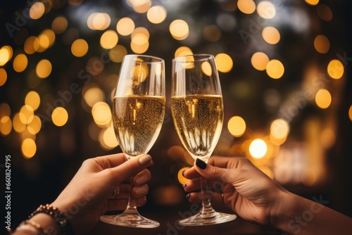 Two hands clinking champagne glasses against blurred background, Bokeh effect