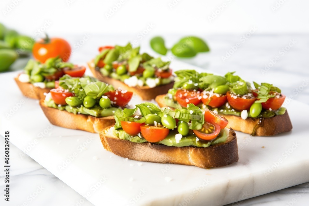 a row of edamame bruschetta set on a marble surface a row of edamame bruschetta set on a marble surface