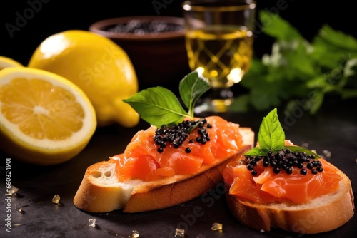 bruschetta with black caviar, surrounded by lemon wedges