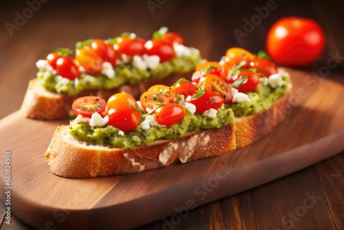 avocado bruschetta topped with cherry tomatoes on a wooden table