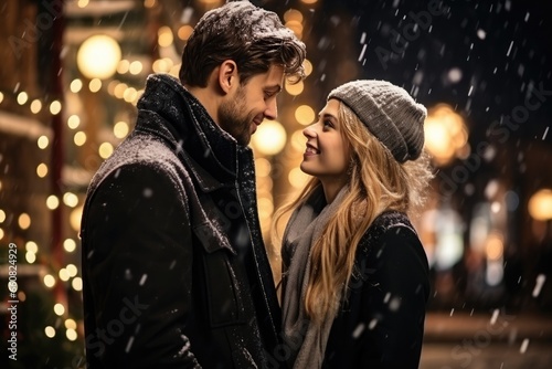 Happy couple in love looking at each other and smiling on a street with lots of lights.