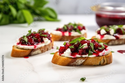 delectable raspberry bruschetta positioned on a marble countertop
