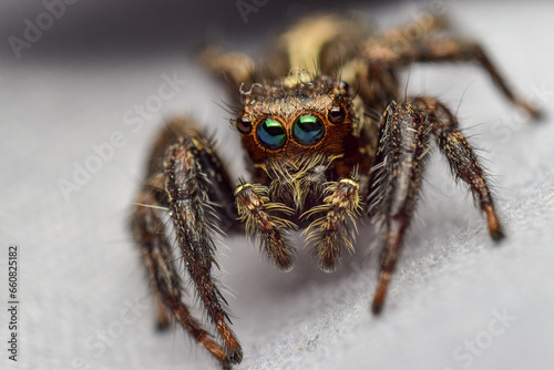 The Euophrys Brown jumping spider has iridescent green eyes., spider, insect, macro, animal, arachnid, isolated, nature, white, bug, brown, closwildlife, wild, close-up, scary, jumping, small, pho
