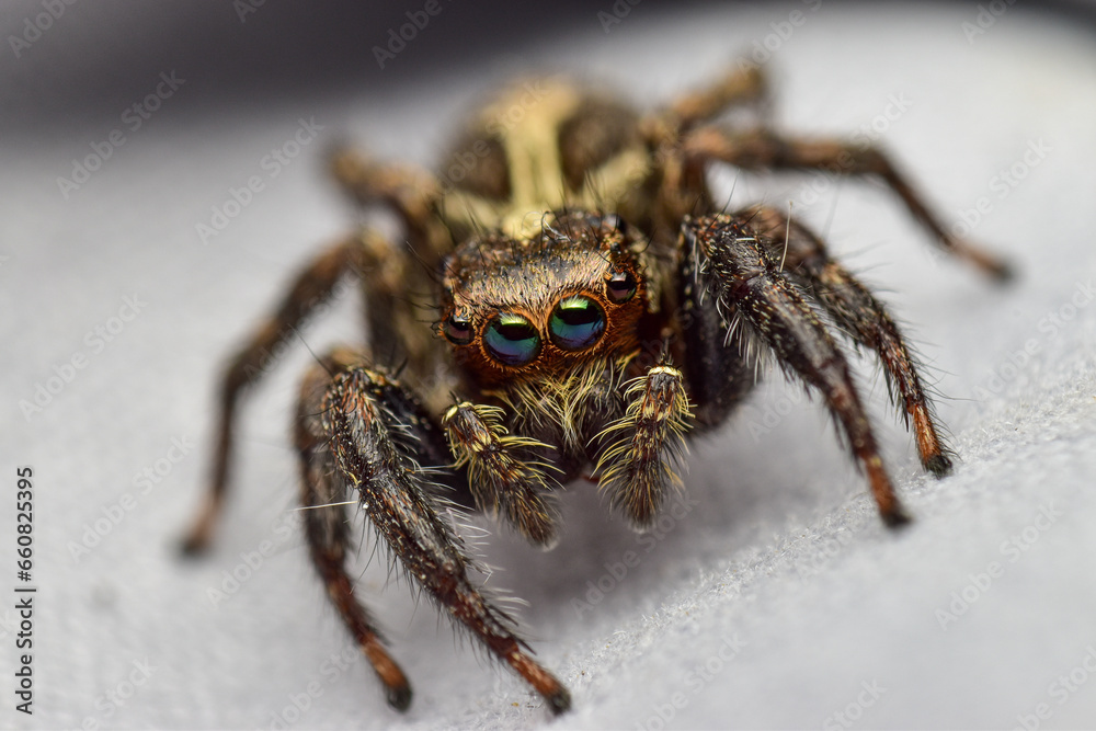 The Euophrys Brown jumping spider has iridescent green eyes. The Euophrys Brown jumping spider has iridescent green eyes.