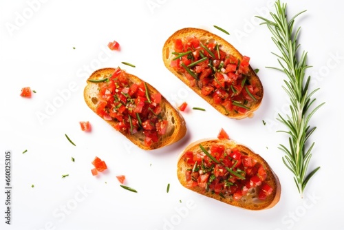 top view of bruschetta with fresh rosemary on white background