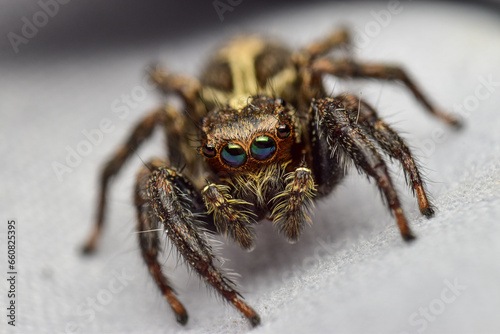 The Euophrys Brown jumping spider has iridescent green eyes.