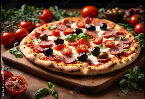 Mouth-watering pizza, with tomatoes, salami slices, olives, and mozzarella. Generative AI.