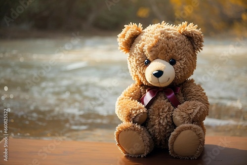Teddy bear sits against nature background, blurred background. Generative AI. © Alena