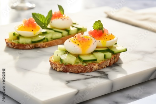 sunny side-up egg and spicy cucumber bruschetta on marble countertop