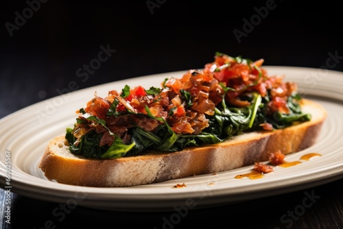 single bruschetta with anchovy resting on bed of spinach