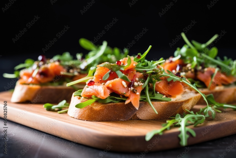 soft-focus image of bruschetta with arugula and smoked salmon