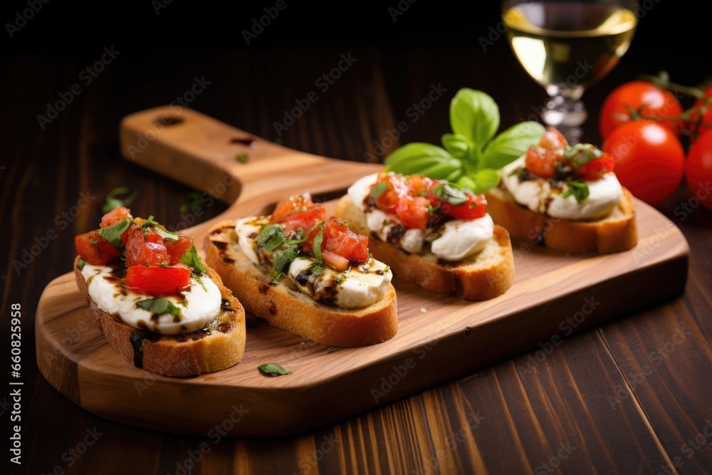 a board with mozzarella bruschetta on a wooden surface a board with mozzarella bruschetta on a wooden surface