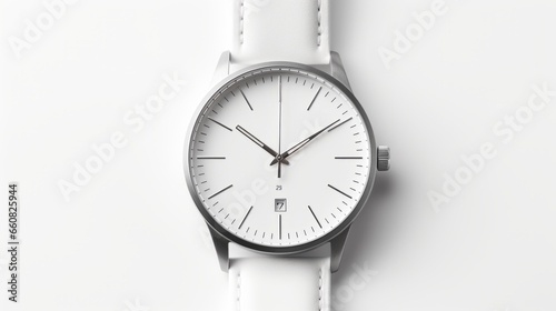 A wristwatch with a white leather strap and a silver case on a white surface. This image showcases a modern and elegant accessory.