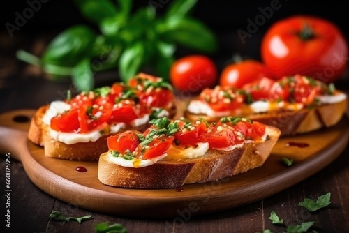 fresh sliced tomatoes on bruschetta with mozzarella pieces