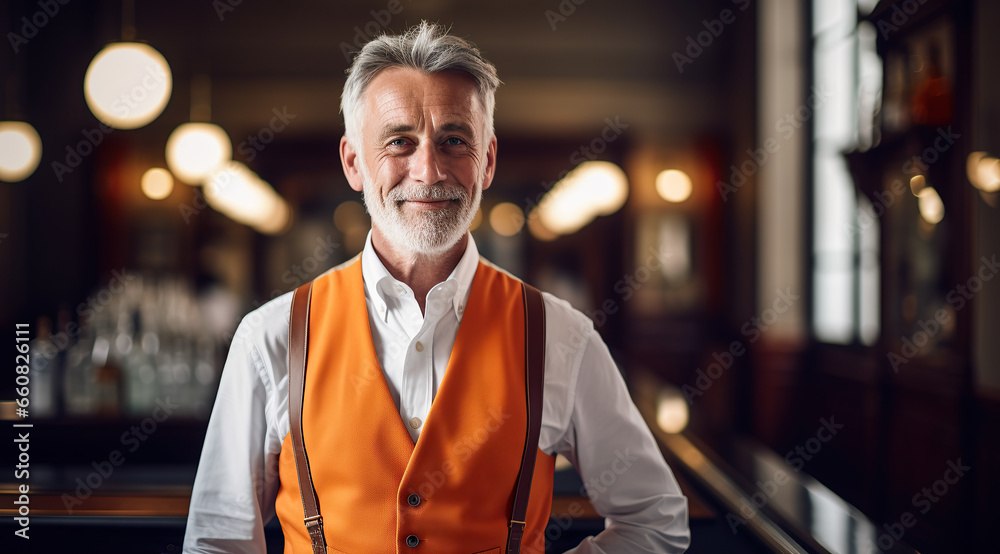 A Man in a Vest Standing in Front of the Bar A Man in a Vest Standing in Front of the Bar
