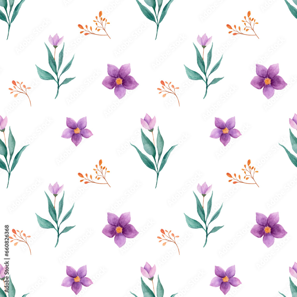 Beautiful watercolor purple flowers as seamless pattern
