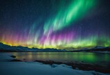 AI generated illustration of a dazzling aurora borealis in the night sky above a mountain range