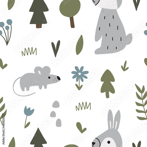 Seamless pattern with cute bunny and mouse in a forest environment with nature elements