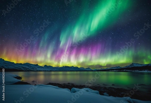 AI generated illustration of a dazzling aurora borealis in the night sky above a mountain range