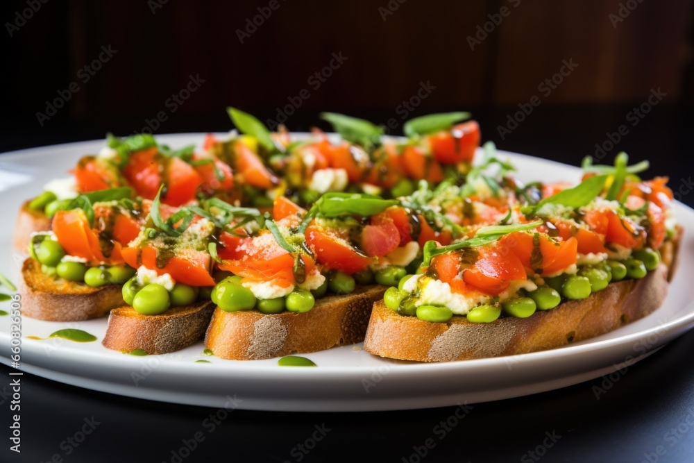 array of bruschetta on a dish, loaded with edamame and cheese