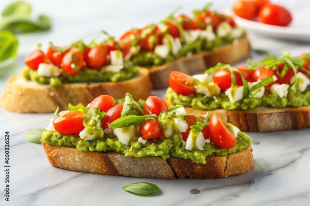 a row of edamame bruschetta set on a marble surface a row of edamame bruschetta set on a marble surface