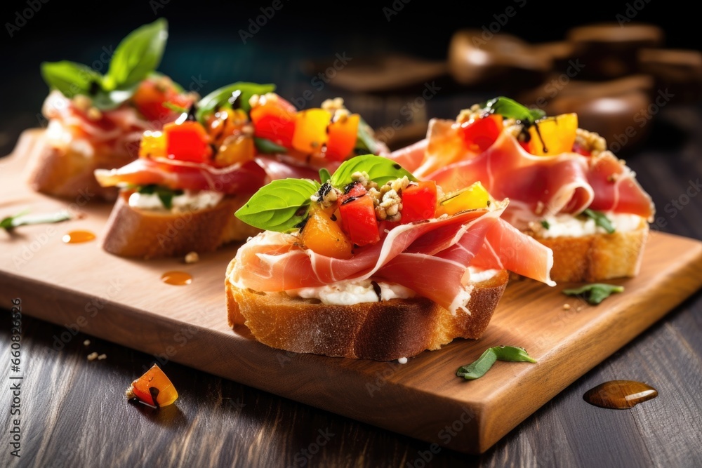 close-up of prosciutto bruschetta on a wooden board close-up of prosciutto bruschetta on a wooden board