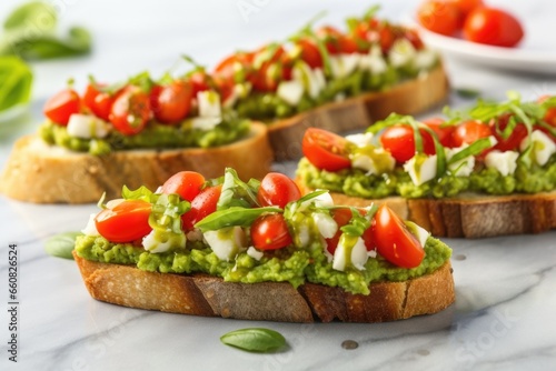 a row of edamame bruschetta set on a marble surface