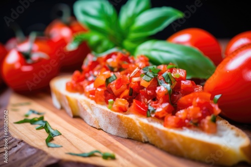 close-up of baguette slice with diced tomatoes and fresh basil