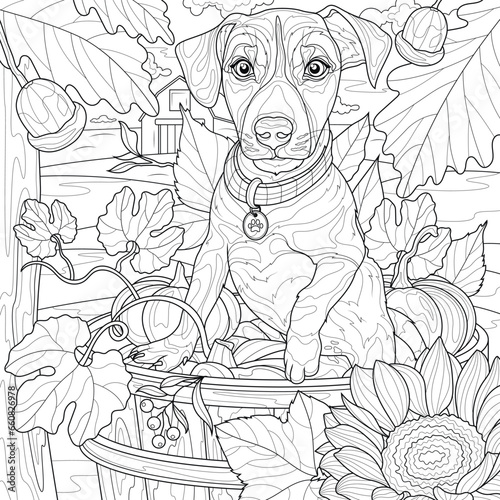 A dog among sunflowers and pumpkins.Coloring book antistress for children and adults. 