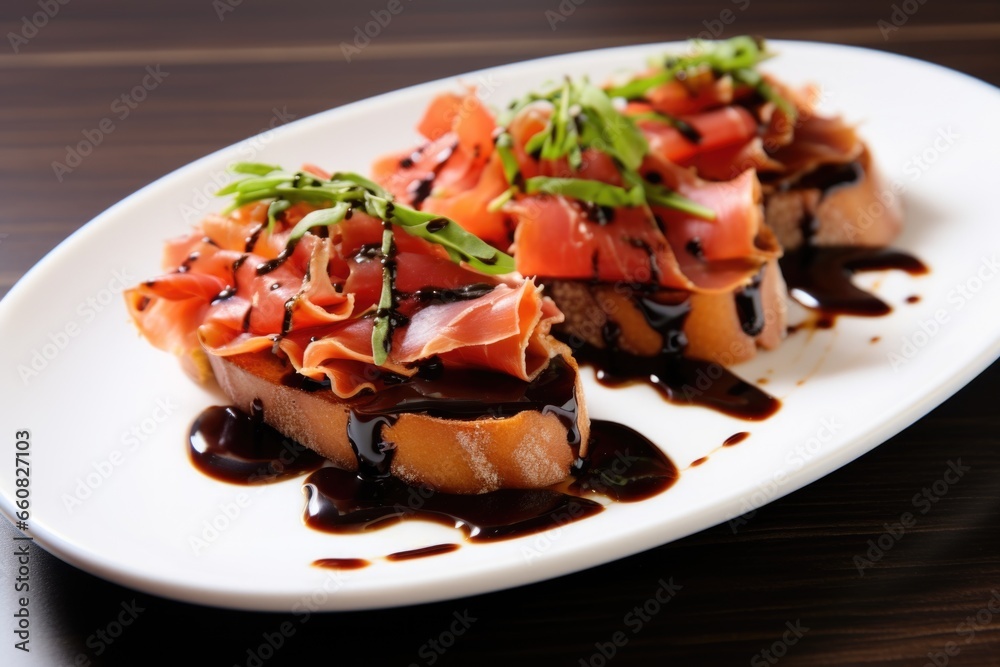 bruschetta with serrano ham and drizzle of balsamic vinegar bruschetta with serrano ham and drizzle of balsamic vinegar