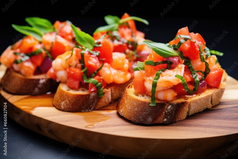 bruschetta topped with shrimps and basil leaves bruschetta topped with shrimps and basil leaves