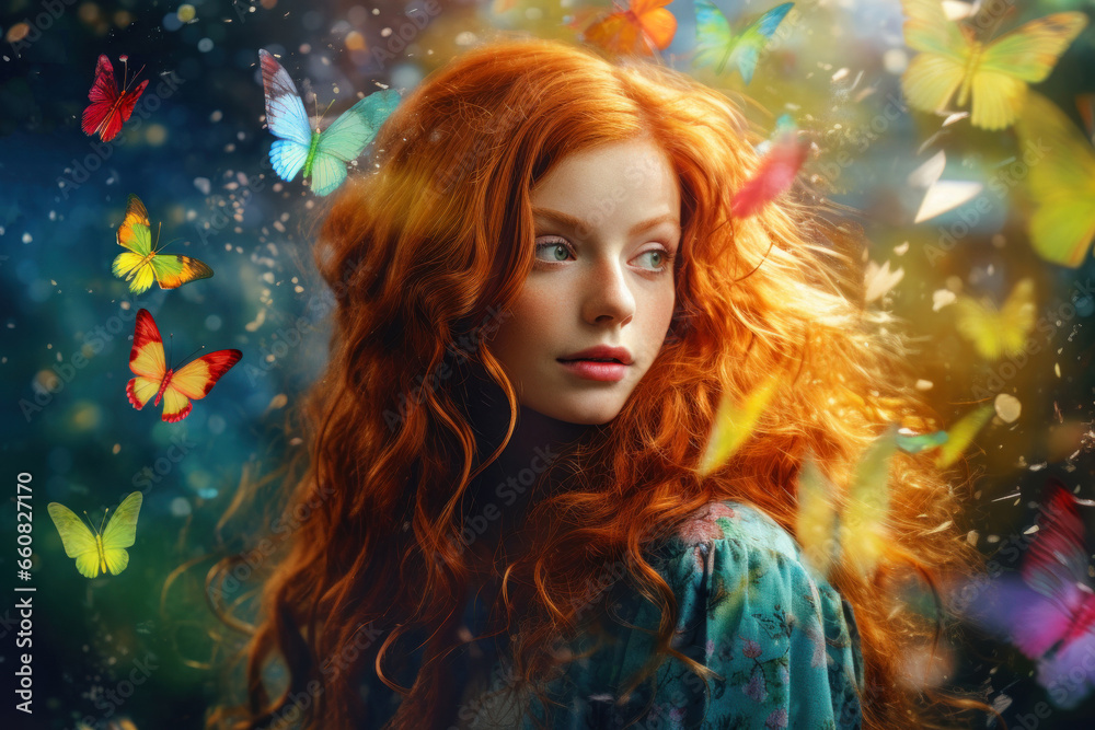 Ginger hair girl with batterflies. Dreamlike image Ginger hair girl with batterflies. Dreamlike image