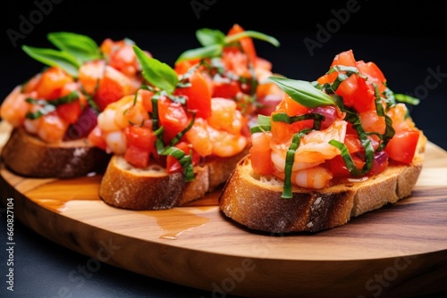 bruschetta topped with shrimps and basil leaves
