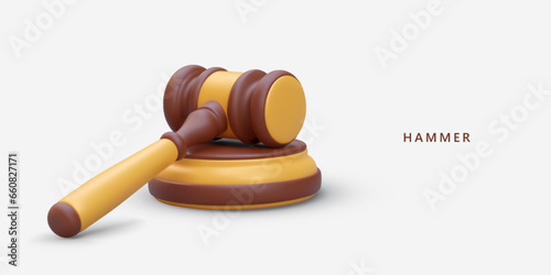 Wooden 3D hammer lies on stand. Ceremonial accessory of chief judge. Auctioneer tool. Symbol of sentencing. Horizontal template for web design. Place for text