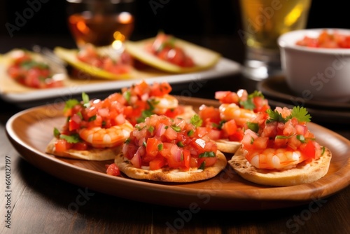 plate full of bruschetta with large prawns and salsa