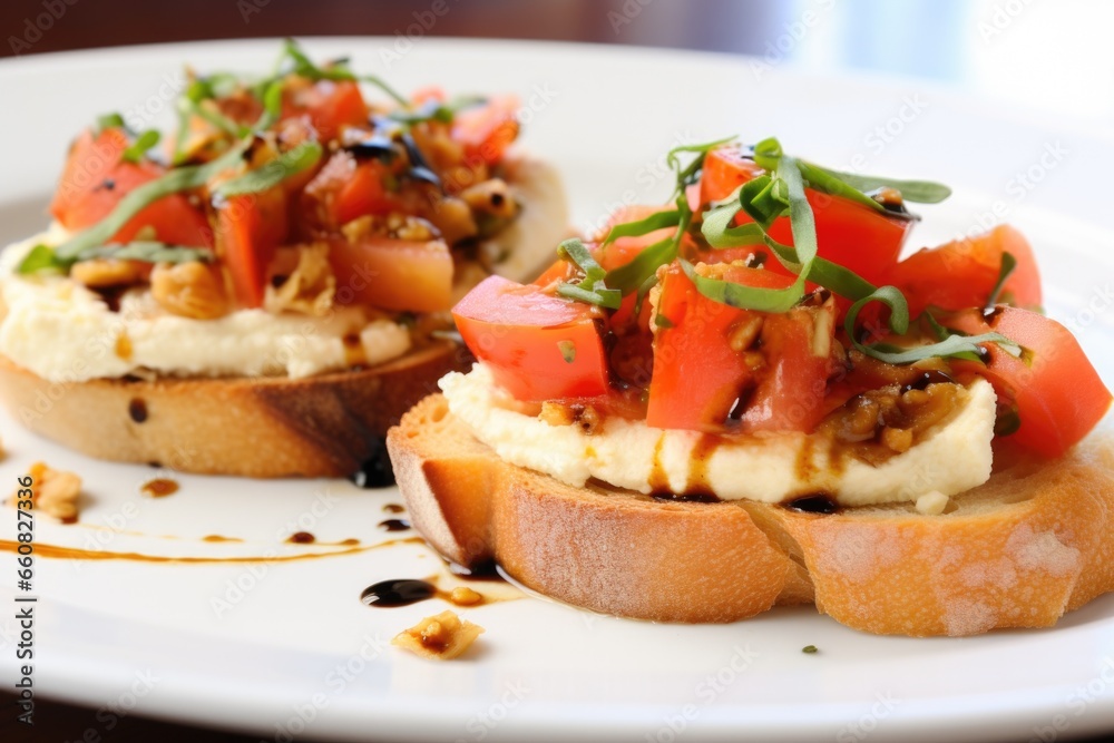 a close-up of bruschetta with hummus on a white plate
