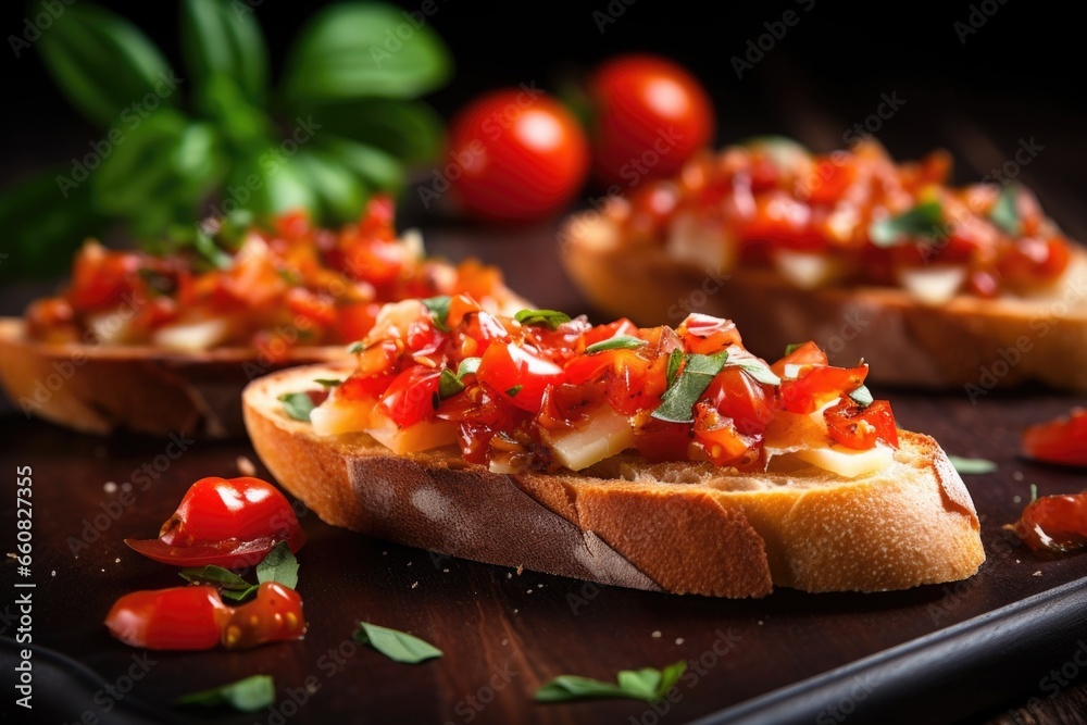 closeup of bruschetta prepared with smoked gouda and tomatoes closeup of bruschetta prepared with smoked gouda and tomatoes