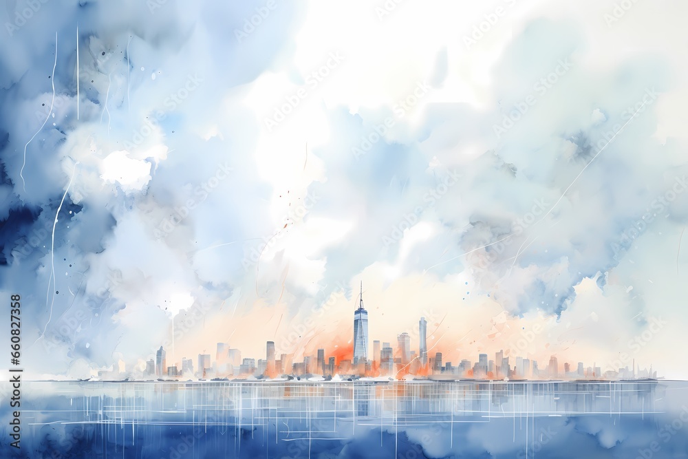 Obraz premium Modern cityscape with skyscrapers and cloudy sky. Watercolor