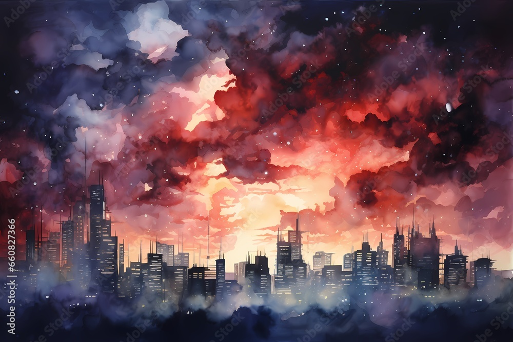 Night cityscape with skyscrapers and clouds. Watercolor Night cityscape with skyscrapers and clouds. Watercolor