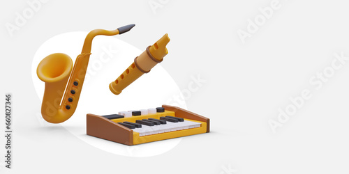3D musical instruments. Saxophone, synthesizer, flute. Lessons in music school, choice of direction. Tutor, accompanist services. Color modern web design