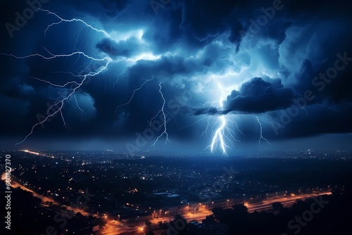 Lightning strike in the city at night as a concept of danger