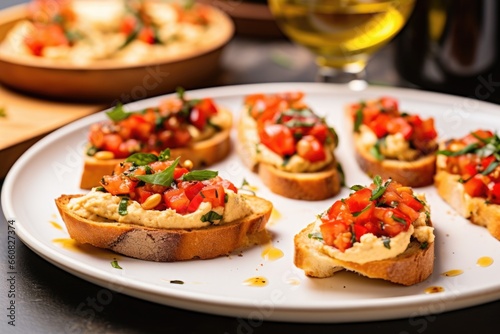 bruschetta with hummus around scattered chickpeas on a plate