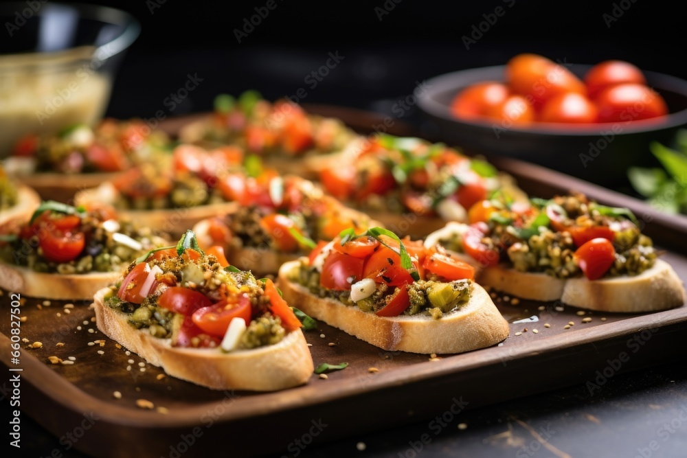 bruschetta with zaatar, green olives, and tomatoes on tray bruschetta with zaatar, green olives, and tomatoes on tray